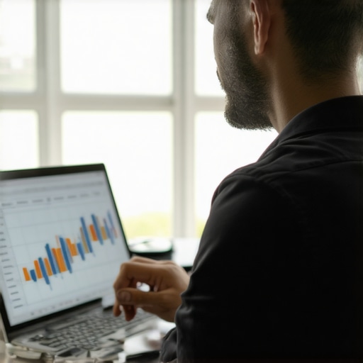 Person using a laptop with market analytics graphs for strategic buying