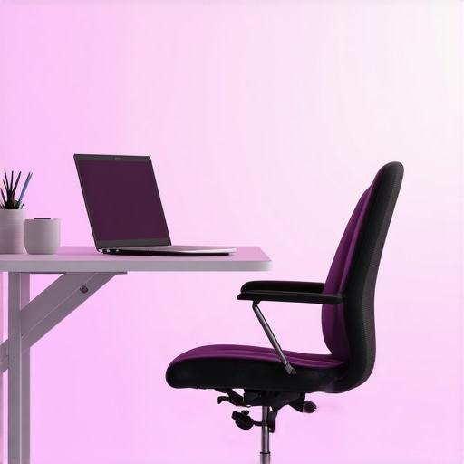 A modern ergonomic laptop workspace with adjustable stand, ergonomic chair, and ambient lighting