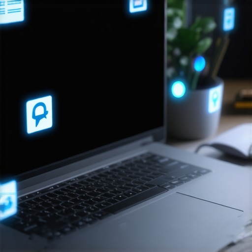 Futuristic Student Laptop with AI Features A modern student laptop showcasing AI integration and connectivity in a contemporary workspace