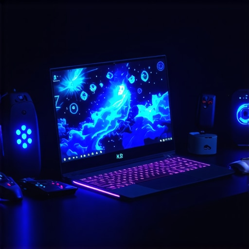 Gaming Laptop Setup with Accessories Gaming laptop with RGB keyboard, gaming mouse, and headset in a modern workspace