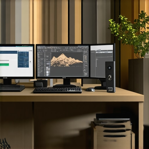 Modern ergonomic workspace featuring multiple screens, smart lighting, and minimalist accessories
