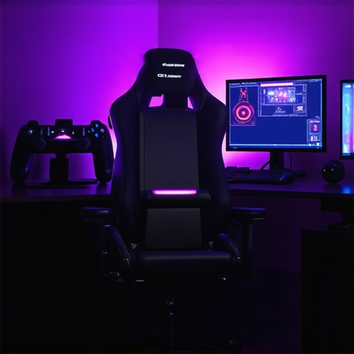 Gaming setup with monitor, keyboard, headset, and accessories