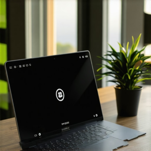 Futuristic business laptop showcasing AI security, eco-friendly build, and 5G connectivity in a sleek workspace.
