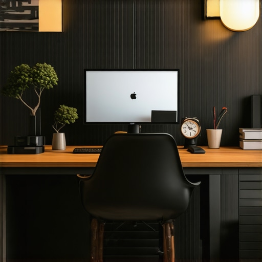 A modern ergonomic home office with adjustable lighting, minimal clutter, and tech gadgets