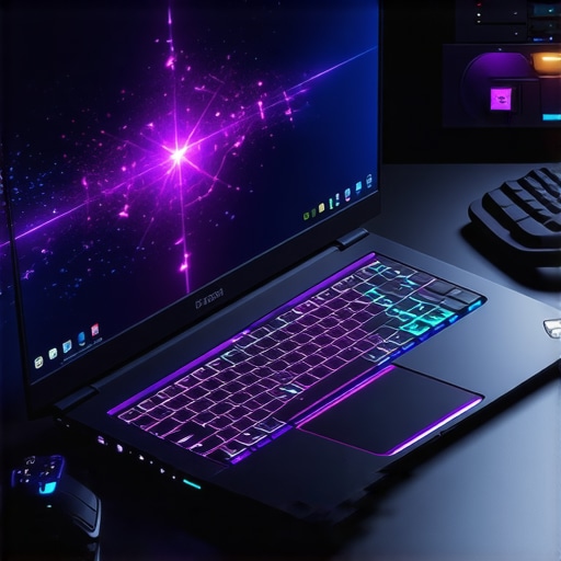 Gaming laptop with RGB lighting, gaming mouse, headset, and monitor