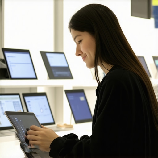 Person examining multiple business laptops in a store setting.