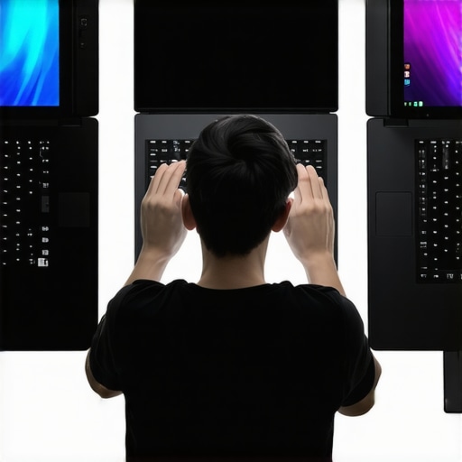 Person comparing gaming laptop prices on different screens with discount tags