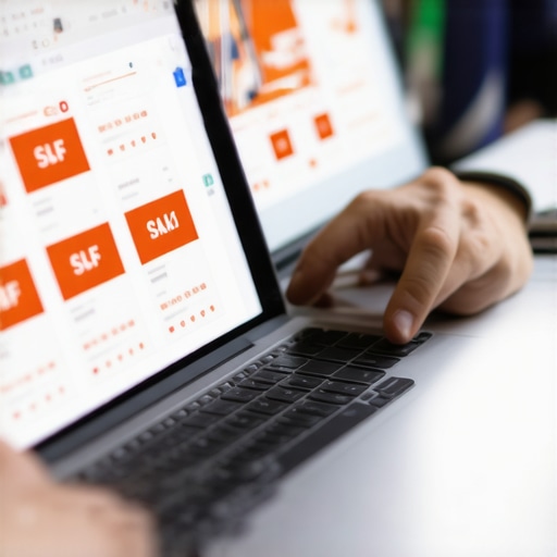 Person comparing different business laptops with discount tags.