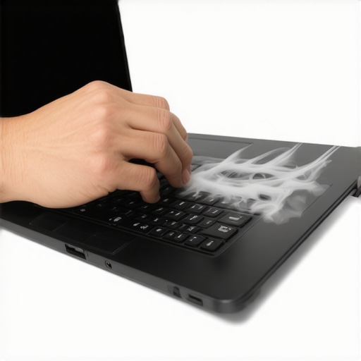 Technician cleaning a laptop with compressed air and a cooling pad
