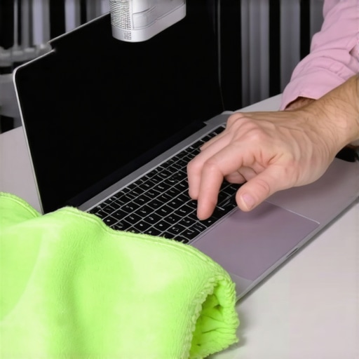 Person cleaning laptop with compressed air and microfiber cloth for maintenance
