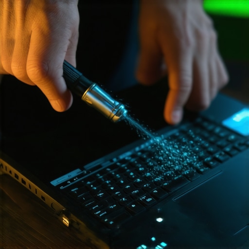 Gamer cleaning laptop with compressed air and tools for maintenance