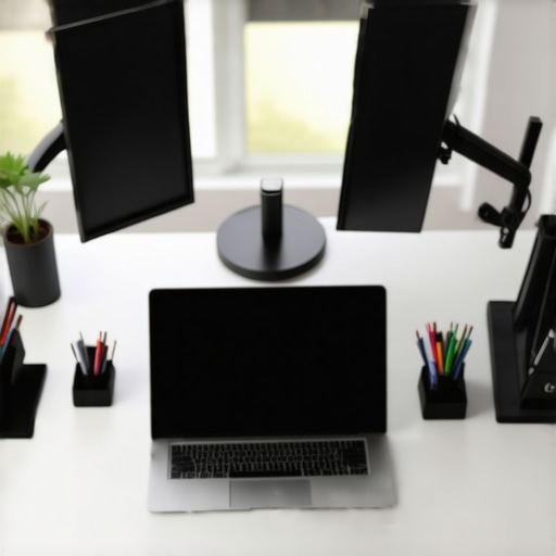 Professional Business Workspace with Laptop and Accessories Modern workspace with laptop, monitors, ergonomic keyboard and mouse.