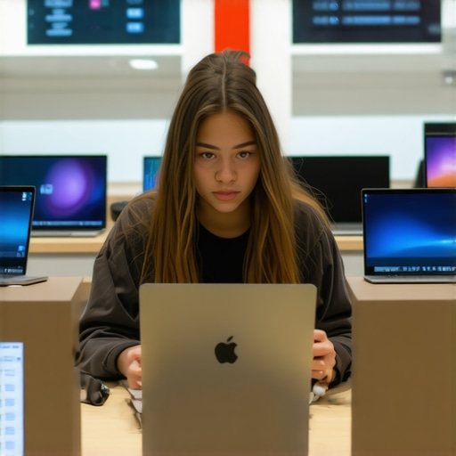 Student evaluating different laptops in a tech store to choose the best one for college