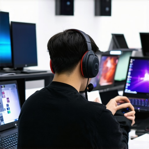 Person examining gaming laptops at a store, comparing specs and build quality