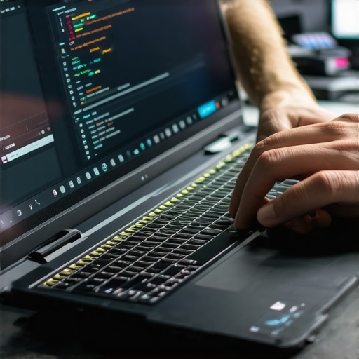 Hand inspecting gaming laptop with diagnostic tools