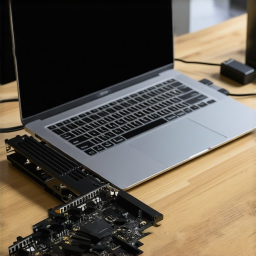 Laptop connected to an external GPU enclosure showing active gaming performance.