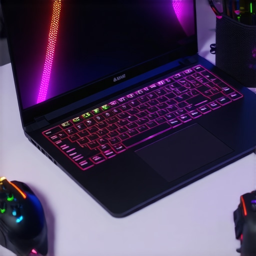 A premium gaming laptop with RGB lighting on a desk surrounded by gaming accessories