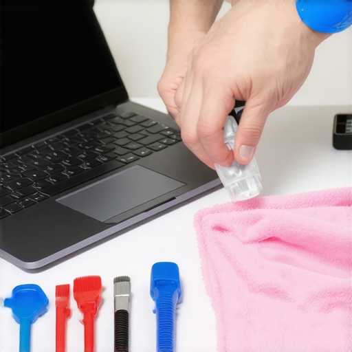 Laptop Maintenance Tools and Cleaning Supplies Person cleaning laptop with compressed air and microfiber cloth, emphasizing routine upkeep.