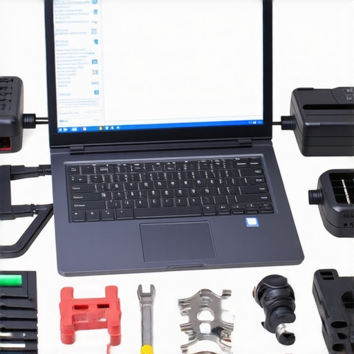 A workspace featuring a laptop with diagnostic tools and accessories for maintenance