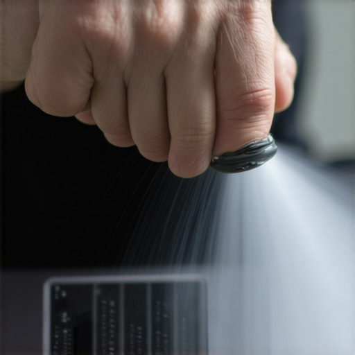 Person cleaning laptop vents with compressed air for maintenance.