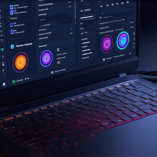 Close-up of a gaming laptop with thermal sensors and monitoring apps on screen showing temperature graphs.