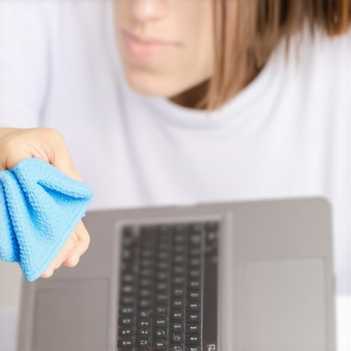 Student Cleaning Laptop to Improve Performance A student using compressed air to clean a laptop's vents and a microfiber cloth on the screen.