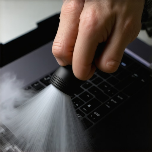 Person using compressed air to clean dust from a laptop's cooling vents.