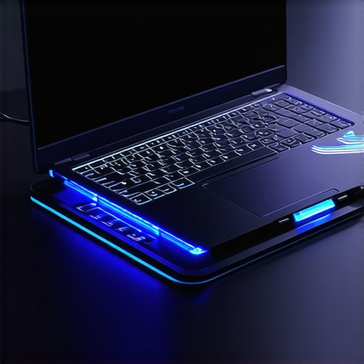 A gaming laptop placed on a cooling pad with active fans to showcase effective cooling solutions.