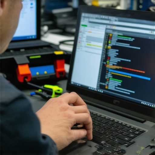 Technician performing hardware diagnostics on a laptop with monitoring software and tools.