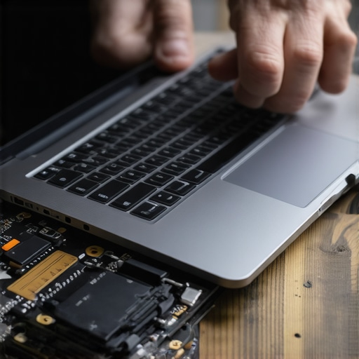 Person inspecting and maintaining laptop with diagnostic software and cooling accessory.