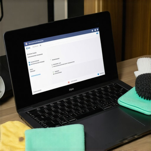 Person cleaning their laptop with tools and updating firmware on screen.