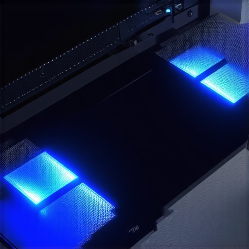 Gaming laptop on cooling pad with airflow highlighting cooling system