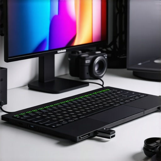 A clean and efficient laptop setup featuring a Thunderbolt 6 dock, multiple displays, and cable management accessories.