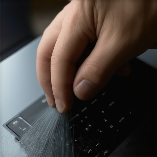 Person using compressed air to clean dust from a laptop vent.