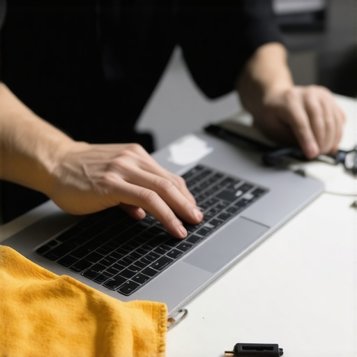 Technician cleaning a business laptop with compressed air and microfiber cloth.