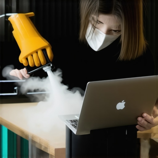 Person using compressed air to clean a business laptop's vents in a workspace
