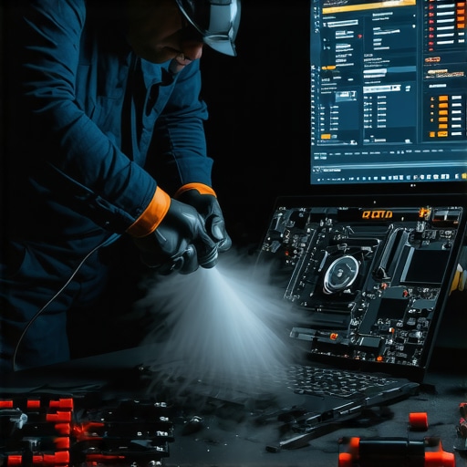 Technician using compressed air to clean laptop interior for optimal cooling.