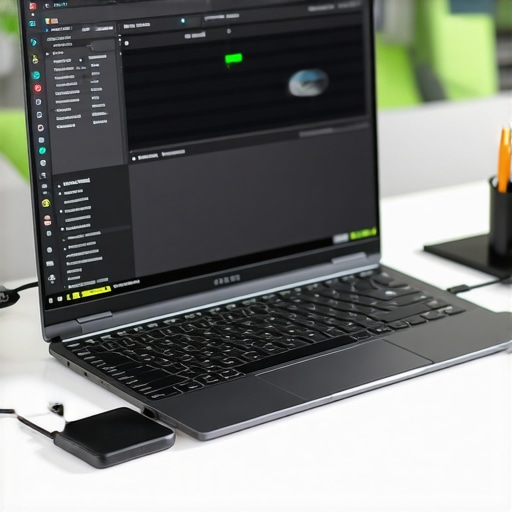 Laptop maintenance tools including diagnostic hardware, USB-C hub, and monitoring software in use