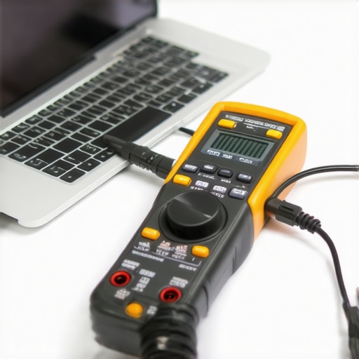 A technician measuring laptop power delivery with a multimeter in a high-tech workspace.