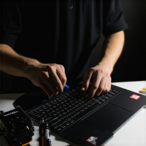 Technician cleaning a gaming laptop with compressed air and care tools.