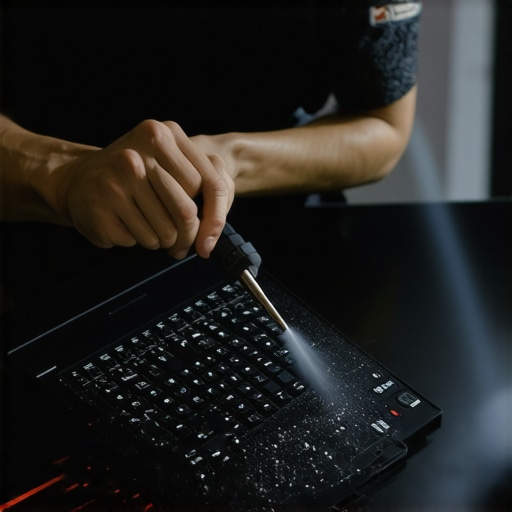 Technician cleaning a gaming laptop with precision tools and compressed air.