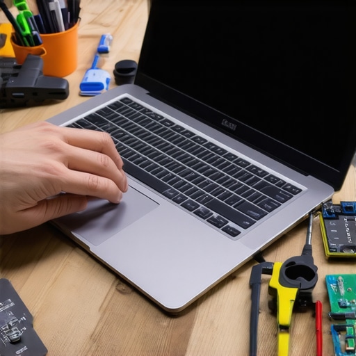 Person assembling laptop with various small tools and components