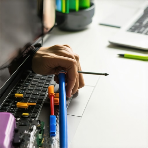 Person performing maintenance on a laptop with screwdriver, accompanied by cleaning cloths and software screens