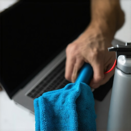 Person cleaning laptop with microfiber cloth and compressed air in workspace