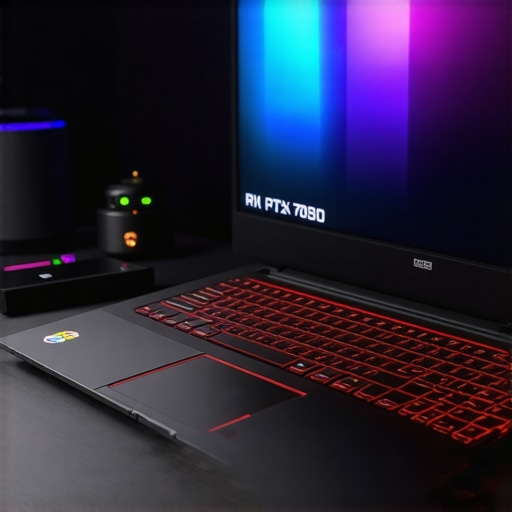 Close-up image of a refurbished gaming laptop featuring RTX 7080 logo, set on a desk with accessories.