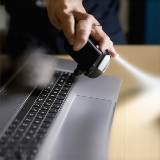 Close-up of a person blowing compressed air into a laptop's vents to remove dust.