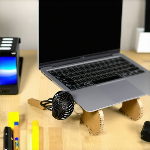 Person assembling a homemade laptop cooling stand with cardboard and a small fan.