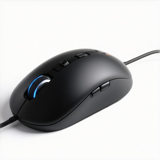 A matte black gaming mouse with no lights on a tidy desk