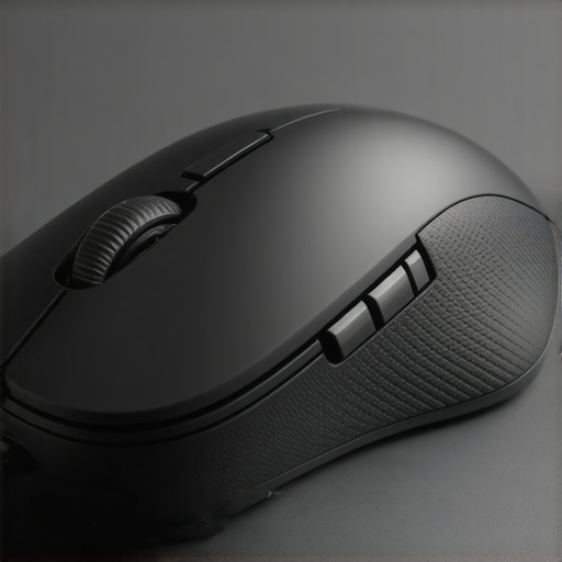 Close-up of a large ergonomic wireless mouse with textured grip and customizable buttons.