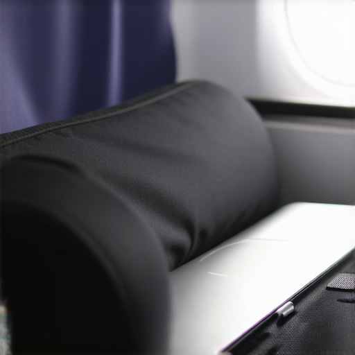 A person placing a slim neoprene laptop sleeve beneath an airplane seat